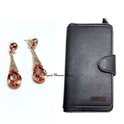 Womens black leather wallet with crystal earrings image 6