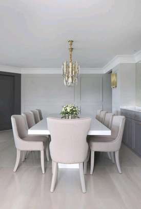 White dining table set/upholstered dining chairs image 1