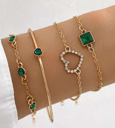 4pc Inlaid Green Gemstone Bracelet Jewelry Set image 1