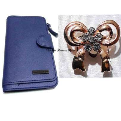 Womens Blue leather wallet and gold tone brooch image 1