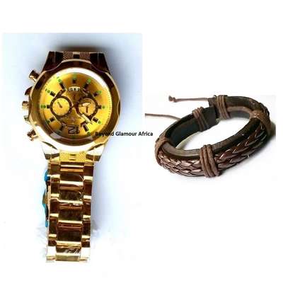 Unisex Gold Tone Watch and brown leather bracelet image 3
