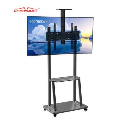Mobile tv stand with shelf, rolling tv cart on wheels image 1
