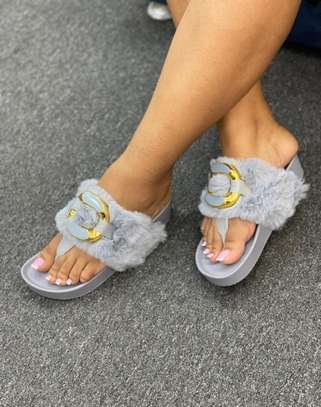 Women Fluffy Slippers Faux Fur Slides Open Toe Flat Grey image 2