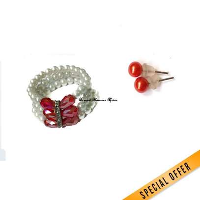 Ladies Pearl Bracelet with Matching Red earrings image 1