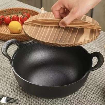 Pre-seasoned Pure Cast Iron Flat Bottom Wok with Wooden Lid image 1