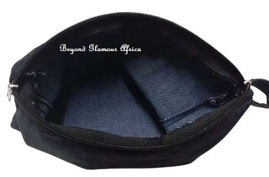 Black Leather waist bag with denim ankara pouch image 2