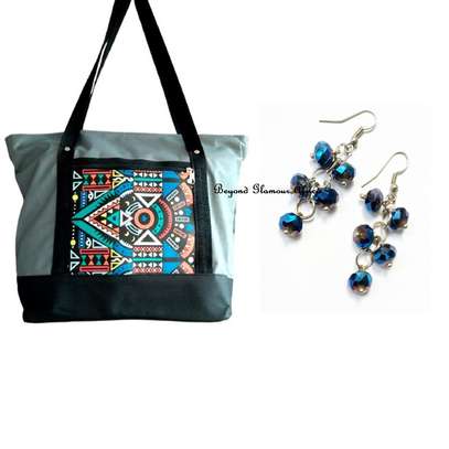 Womens Grey ankara canvas bag with earrings combo image 1