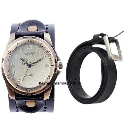 Mens Black Leather watch with belt combo image 3