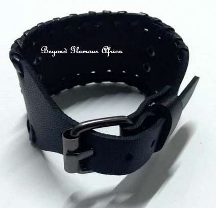 Black leather bracelet cuff with leather cardholder image 1