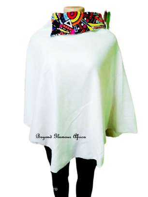 Womens Cream cotton poncho with ankara image 1