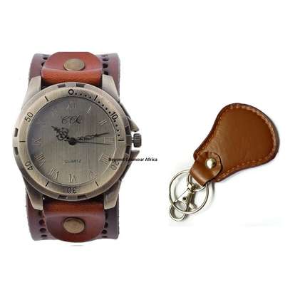 Mens Brown Leather watch with keyholder combo image 4