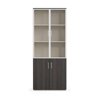 Cabinet : 2-Door Brown Half Glass Wooden Office Cabinet image 2