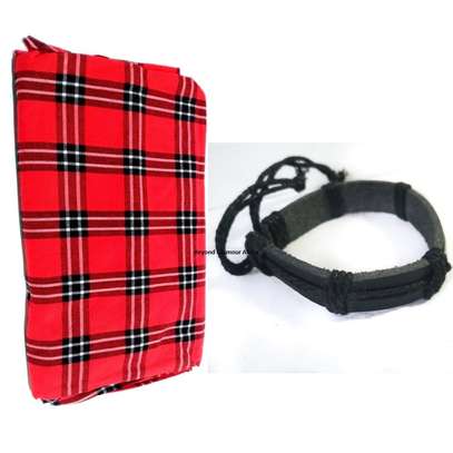 Black and Red maasai shuka and leather bracelet image 4