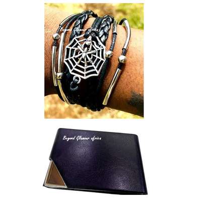 Black Leather Bracelet with cardholder combo image 1