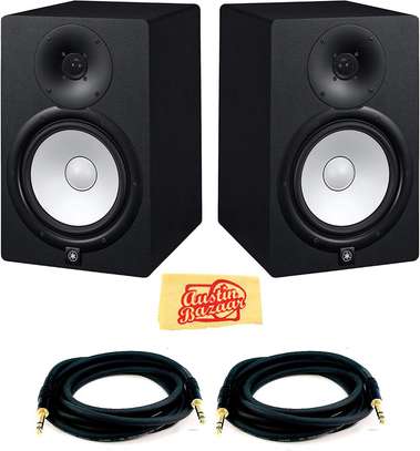 Yamaha HS8 Powered Studio Monitor Pair Bundle with Two Monitors, TRS Cables, and Austin Bazaar Polishing Cloth image 1