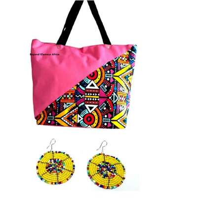 Womens Pink Ankara canvas handbag with earrings image 1