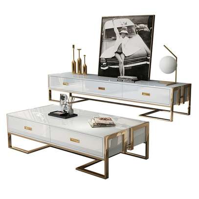 Modern Coffee & TV Table Set White Gold Frame image 11