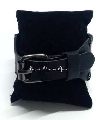 Mens Black Leather Bracelet with leather belt image 4