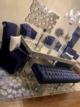 Six seater mirrored dining table Kenya/blue chairs image 1