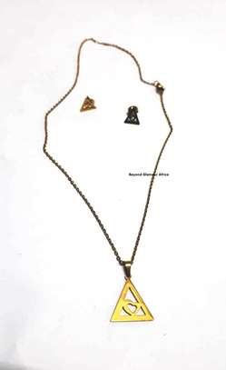 Womens Triangular Gold Tone Pendant and earrings image 2