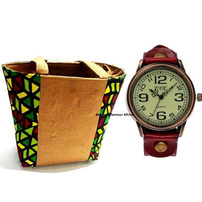 Womens Red Leather watch with basket combo image 3
