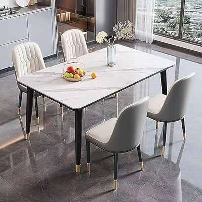 4 Seater White Marble Top Home Dining Chairs and Table image 2
