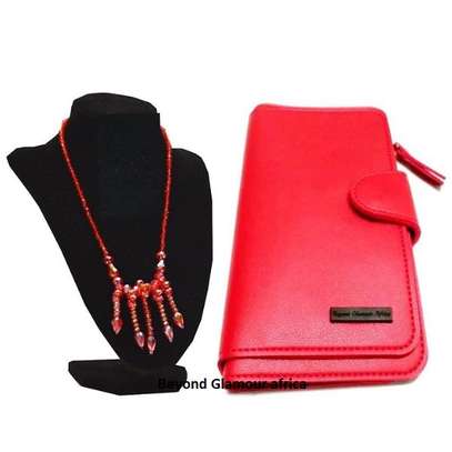 Womens Red Leather wallet and crystal necklace image 1