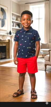 Boys Navy Print Shirt & Red Shorts Summer Set image 2