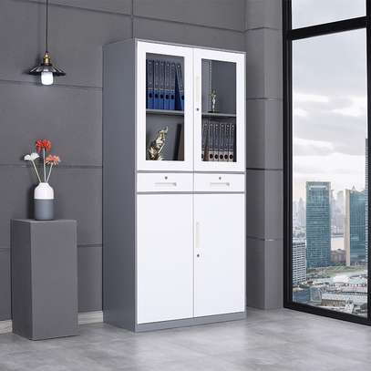 Metal Storage Cabinet with Drawers and Glass Doors image 1