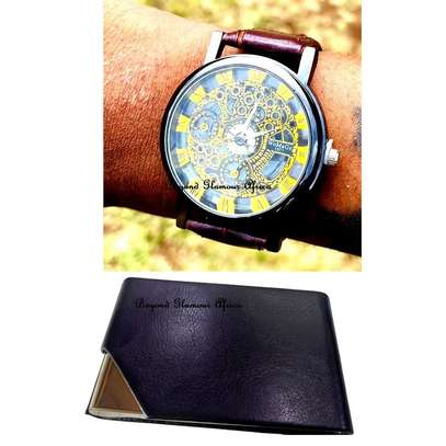 Mens Leather skeleton watches with cardholder combo image 1