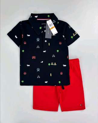 Boys Navy Print Shirt & Red Shorts Summer Set image 1
