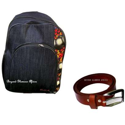 Blue ankara denim laptop backpack with brown leather belt image 1