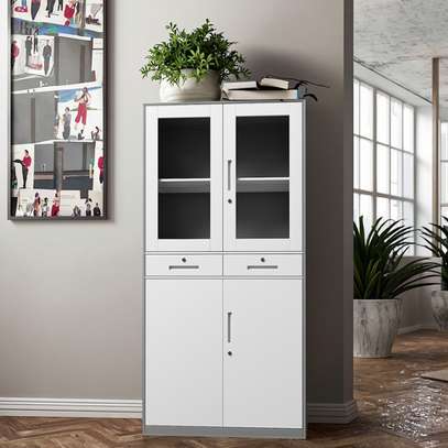 Metal Storage Cabinet with Drawers and Glass Doors image 5