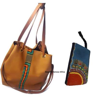 Womens Brown Leather handbag with ankara pouch image 1