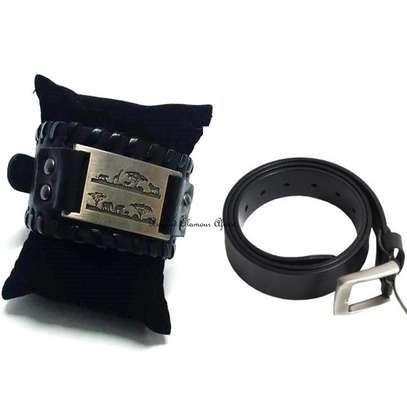 Mens Black Leather Bracelet with leather belt image 1