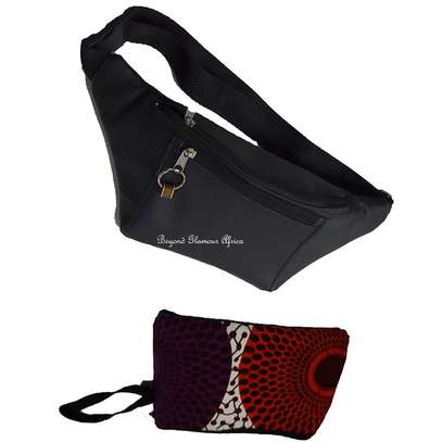 Black Leather waist bag with ankara pouch image 1