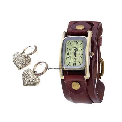 Womens Brown Leather watch and silver earrings image 1