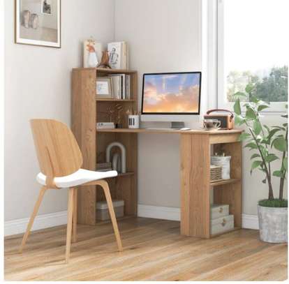 Modern Brown Computer Desk with Storage Bookshelves image 1