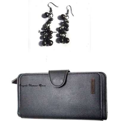 Womens Black Leather wallet with beaded earrings image 1