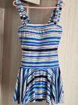 Swim Suit in Blue Stripped with  Flared Skirt image 1