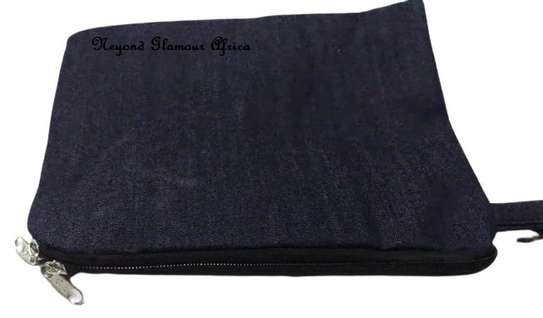 Black Leather waist bag with denim ankara pouch image 4