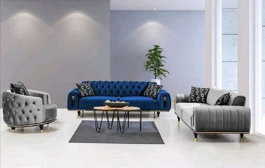 Blue and grey seven seater (3-3-1) chesterfield sofa set image 1