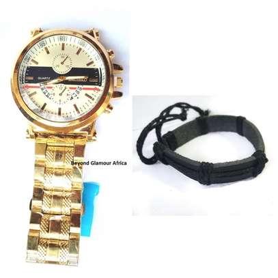 Mens Golden watch and leather bracelet image 1