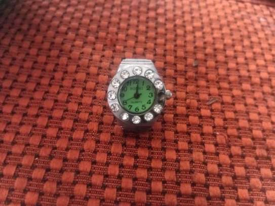 Silver Ring Watch with Rhinestones and Green Dial image 3