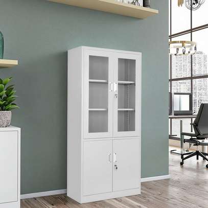 White Metal Storage Cabinet with Lockable Glass Doors image 3