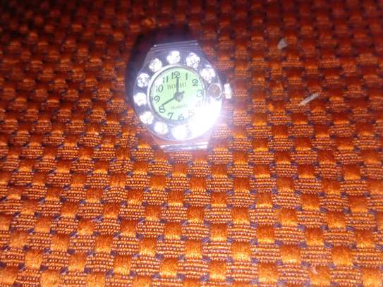 Silver Ring Watch with Rhinestones and Green Dial image 2