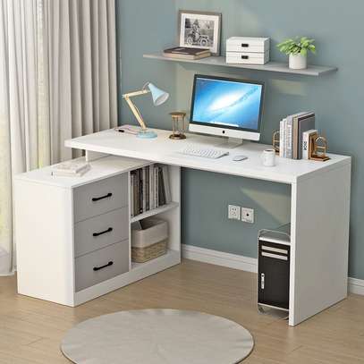 Stylish Modern Desk Light Wood White Open Shelving image 2