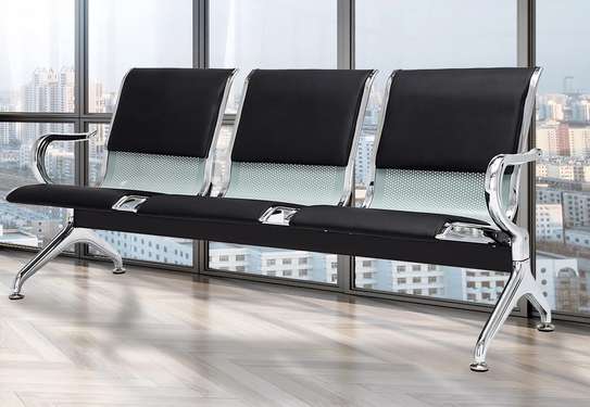 Durable 3-Seat Black Metal Bench with Padded Seats image 2