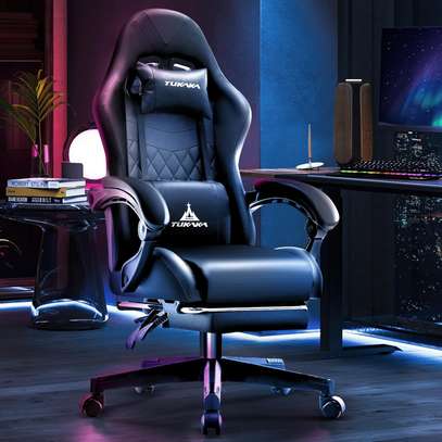 Gaming Chair; Ergonomic with Footrest, Reclining, Black image 7