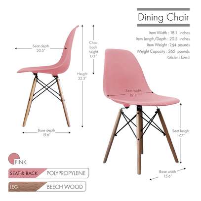 Dining Chair; Molded Abs Plastic, Wood Legs, Light Pink image 7